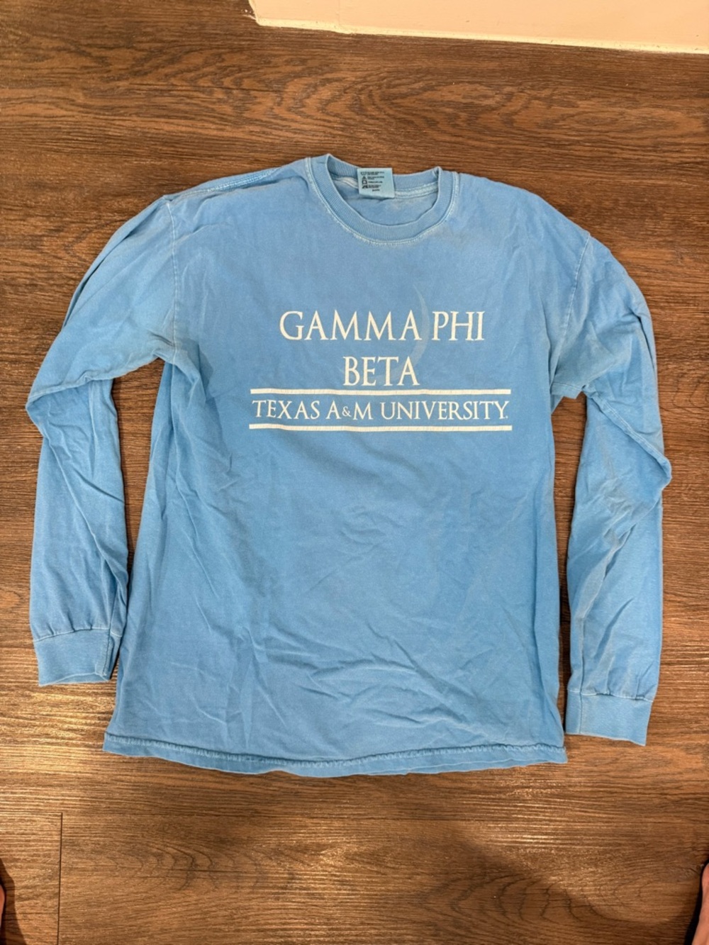 Texas A&M Gamma Phi Beta Blue Long Sleeve Comfort Colors T-Shirt Size Medium
